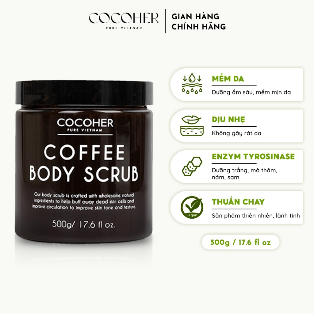 Tẩy Tế Bào Chết Body COCOHER Cà Phê Hữu Cơ, Giúp Dưỡng Ẩm, Giảm Mụn, Mờ Thâm, Sáng Da Toàn Thân 500G