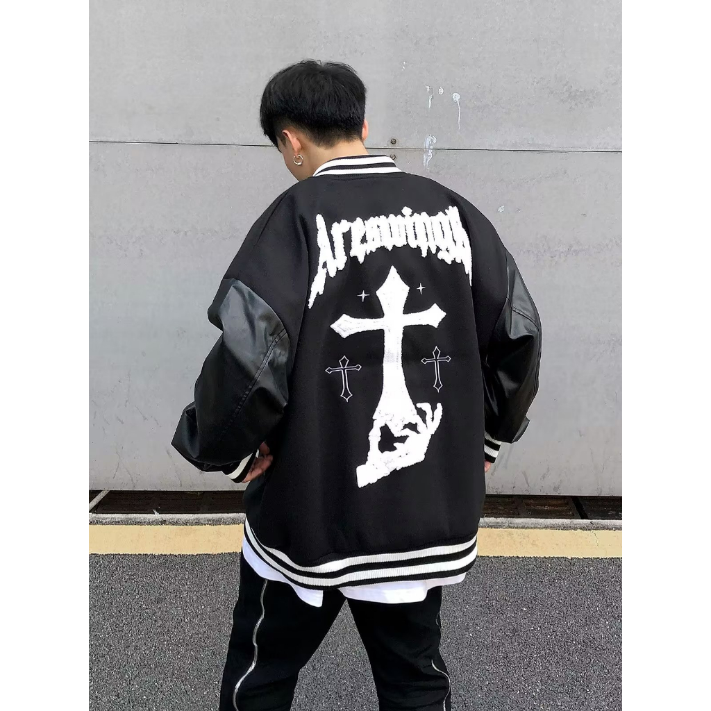 Áo khoác Varsity Chữ Thập SUNDEE Dạ Phối Tay Da Cao Cấp