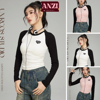 Áo thun babytee ANZI phối tay dài dáng ô thêu hình chữ trái tim 220
