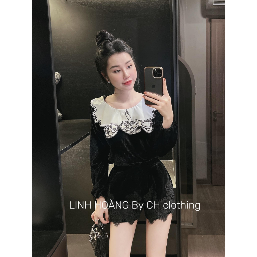 Áo nhung mềm cổ bèo trắng tay dài