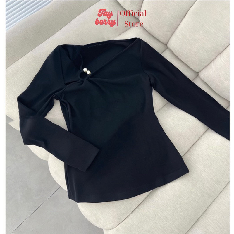 Áo Kiểu Nữ Lệch Vai Dáng Ôm Phối Khuyên Tròn Dài Tay, Ngắn tay