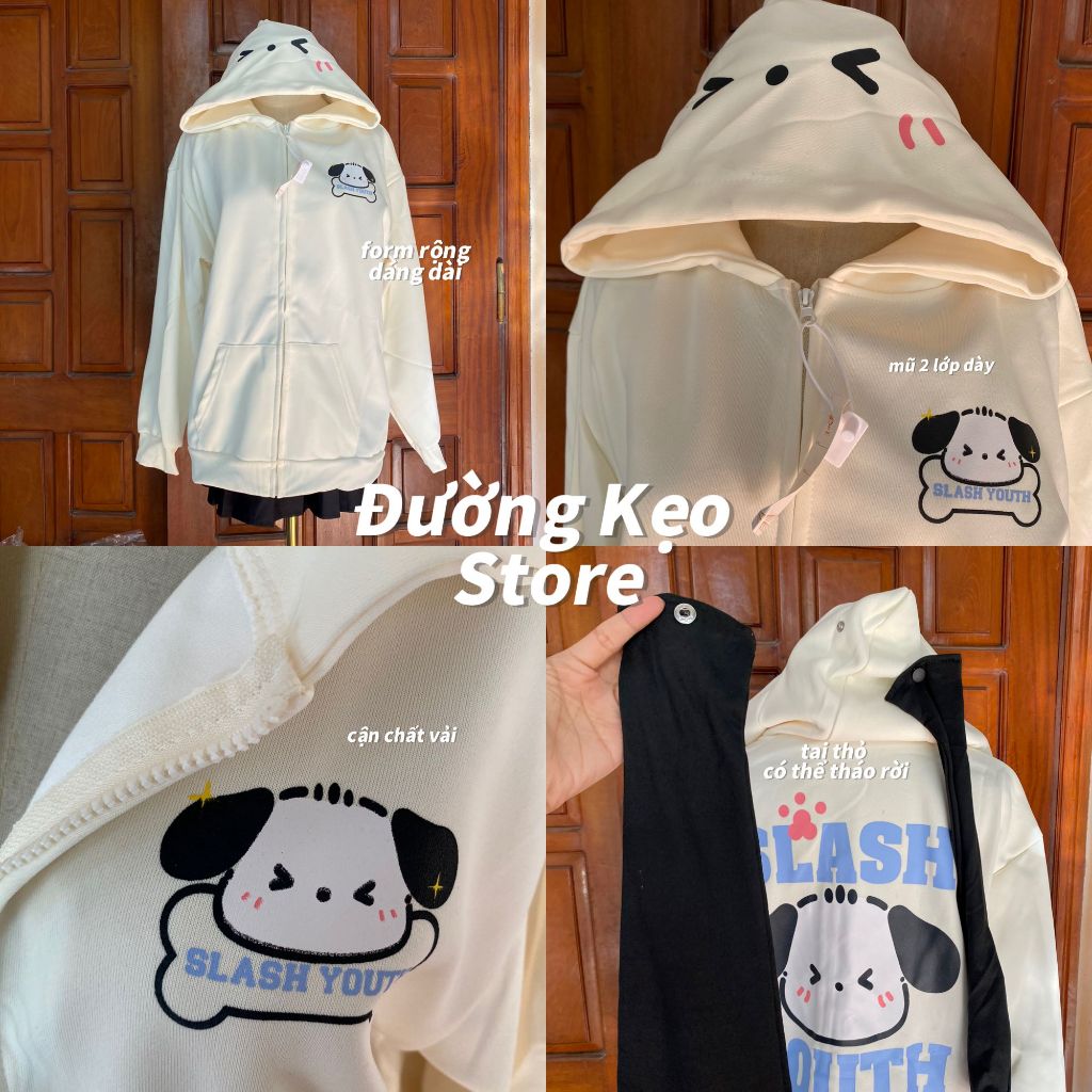 Áo hoodie khóa kéo có mũ dễ thương tai thỏ có thể tháo rời màu đen phối khoác cardigan màu be tôn da ulzzang oversize