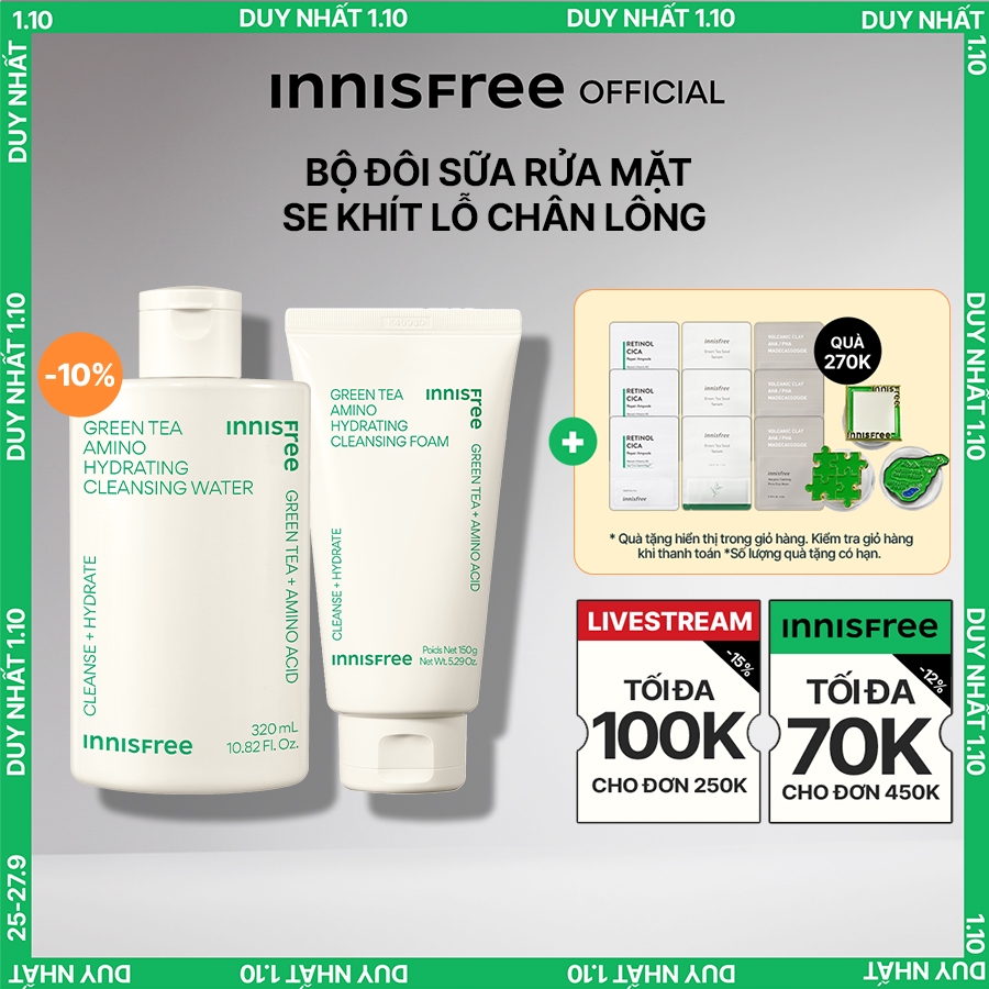 Bộ đôi làm sạch nước tẩy trang dưỡng ẩm Innisfree Green Tea Amino 320ml và Sữa rửa mặt Green Tea Foam 150g