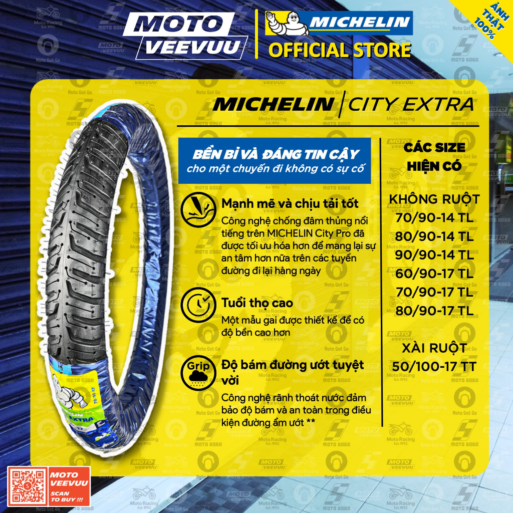 Vỏ lốp xe máy MICHELIN City Extra đủ size 60 70 80 90 100 110 120 130 140 150 10 14 16 17 2.25 2.50 2.75