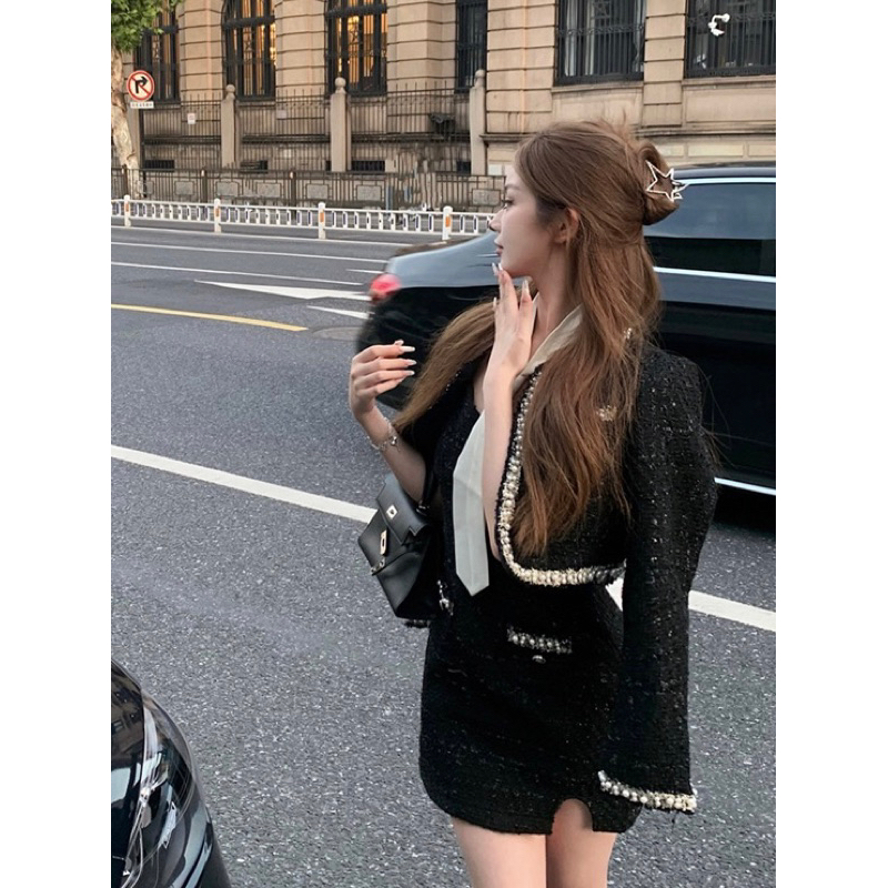 Set áo khoác dạ tweed đính viền ngọc kèm váy 2 dây body dạ tweed YIMI set váy nữ tiểu thư