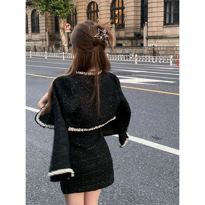 Set áo khoác dạ tweed đính viền ngọc kèm váy 2 dây body dạ tweed YIMI set váy nữ tiểu thư