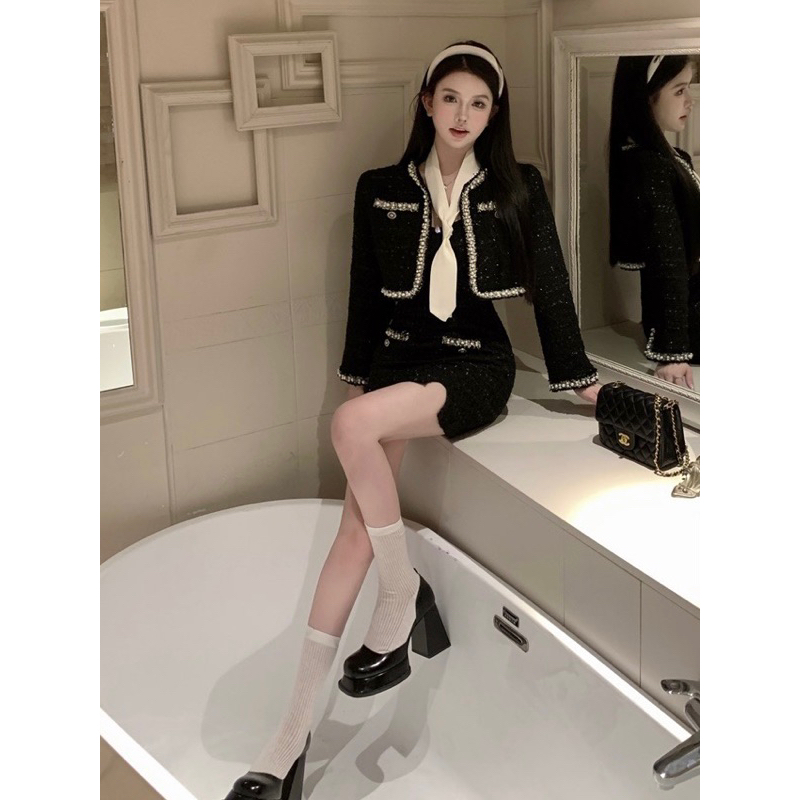 Set áo khoác dạ tweed đính viền ngọc kèm váy 2 dây body dạ tweed YIMI set váy nữ tiểu thư