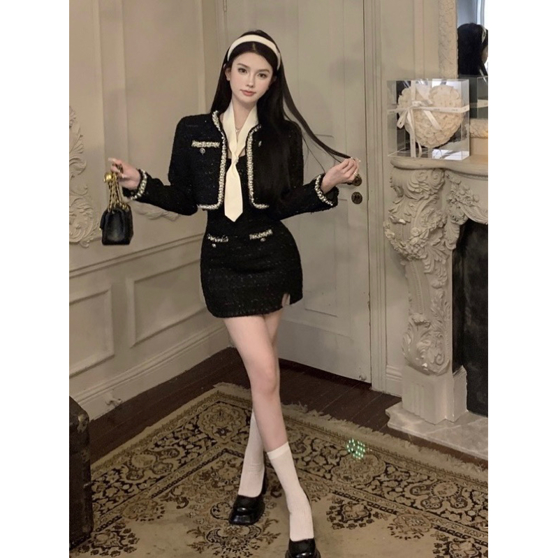 Set áo khoác dạ tweed đính viền ngọc kèm váy 2 dây body dạ tweed YIMI set váy nữ tiểu thư