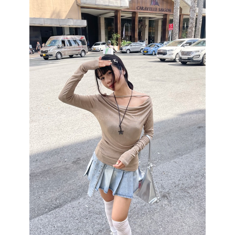 Áo tay dài trễ vai chất thun có dây cổ phong cách sexy hot trend A88