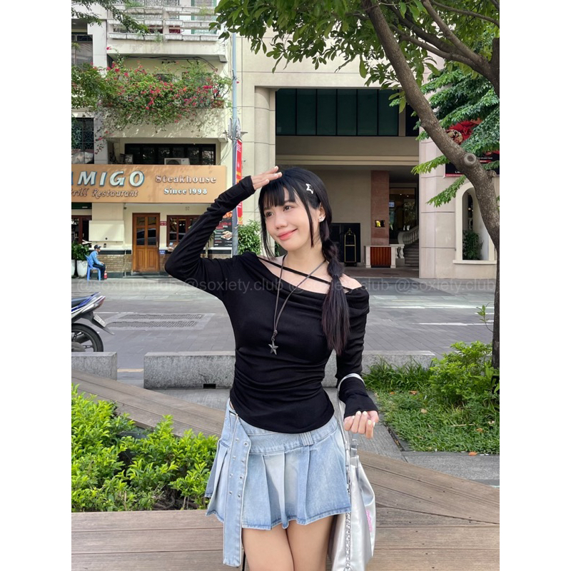 Áo tay dài trễ vai chất thun có dây cổ phong cách sexy hot trend A88