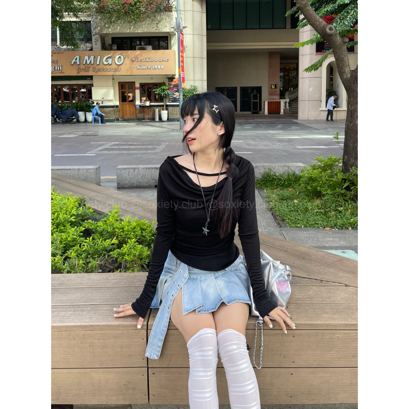 Áo tay dài trễ vai chất thun có dây cổ phong cách sexy hot trend A88