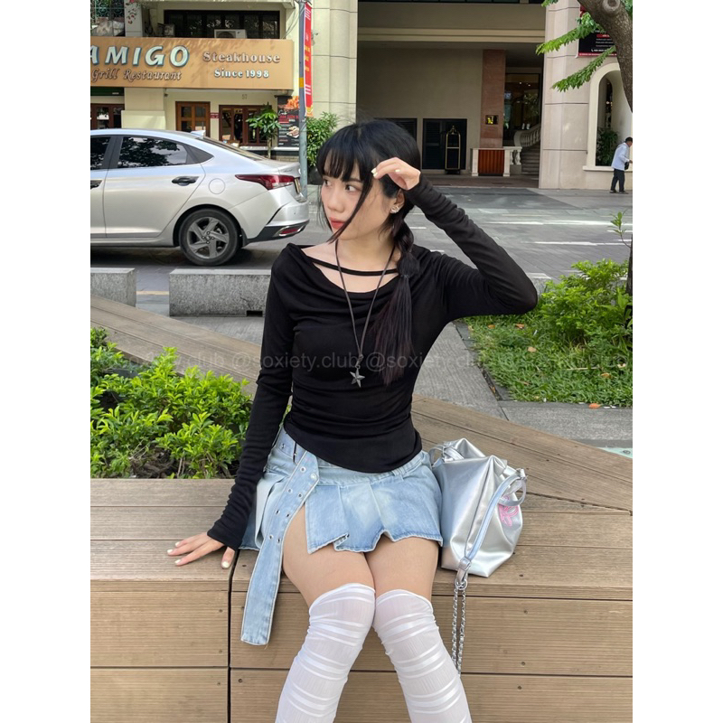 Áo tay dài trễ vai chất thun có dây cổ phong cách sexy hot trend A88