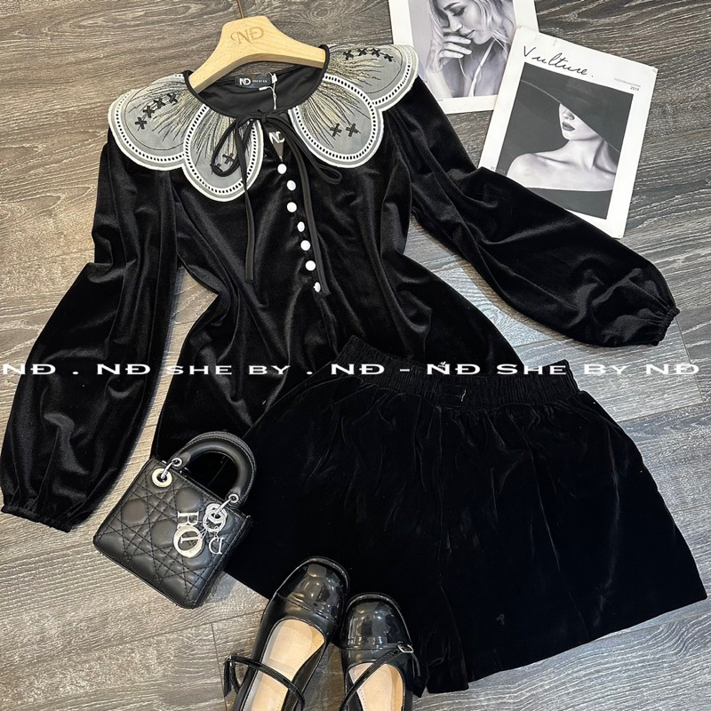 Áo nhung cổ pha ren tiểu thư