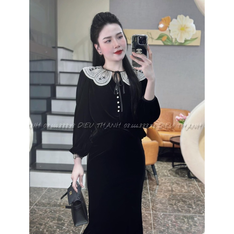 Áo nhung cổ pha ren tiểu thư