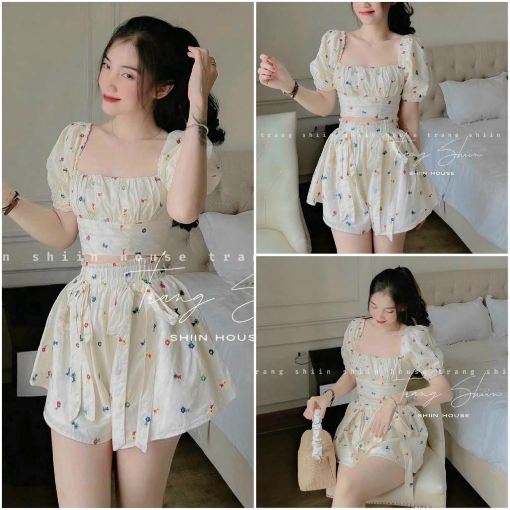 Sét đồ bộ nữ áo tay phồng, cúp ngực, bo eo mix quần đùi lưng cao, buộc nơ siêu dễ thương dành cho các nàng mặc nhà xinh.