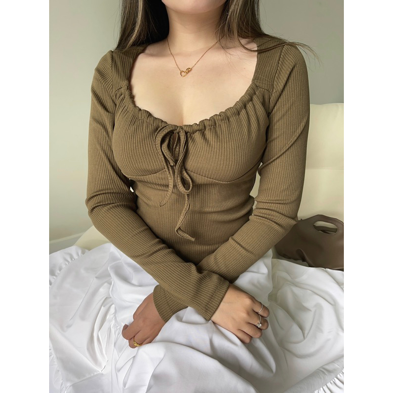 Áo tay dài ôm nơ thắt dây dáng