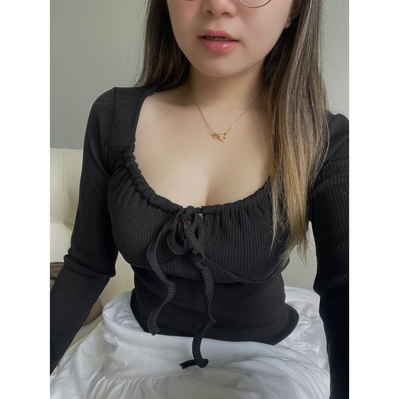 Áo tay dài ôm nơ thắt dây dáng