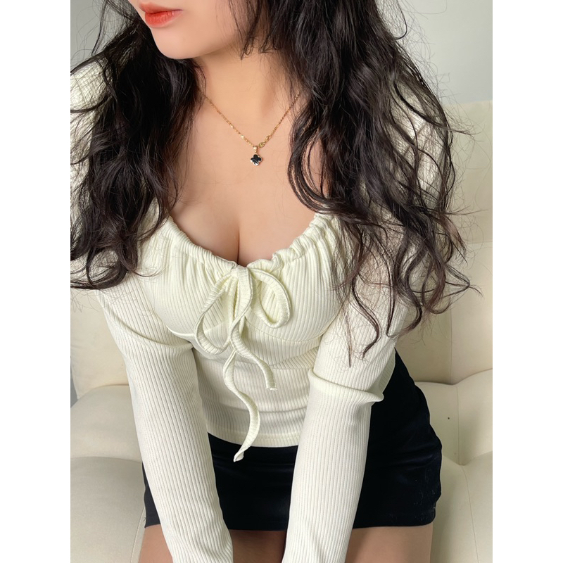 Áo tay dài ôm nơ thắt dây dáng