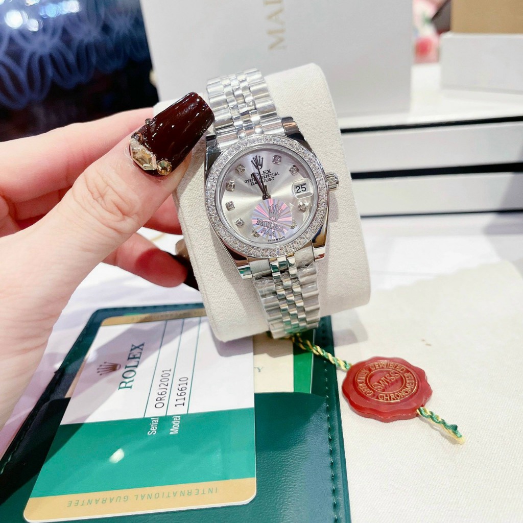 Dồng Hồ Nữ RoIex cao cấp Case 32mm mặt trắng viền đá máy pin Automatic Nhật