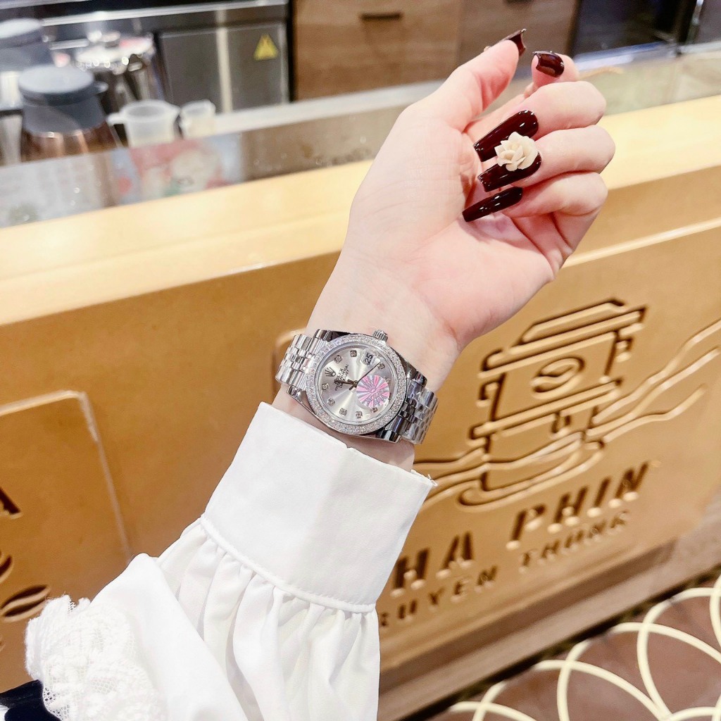 Dồng Hồ Nữ RoIex cao cấp Case 32mm mặt trắng viền đá máy pin Automatic Nhật