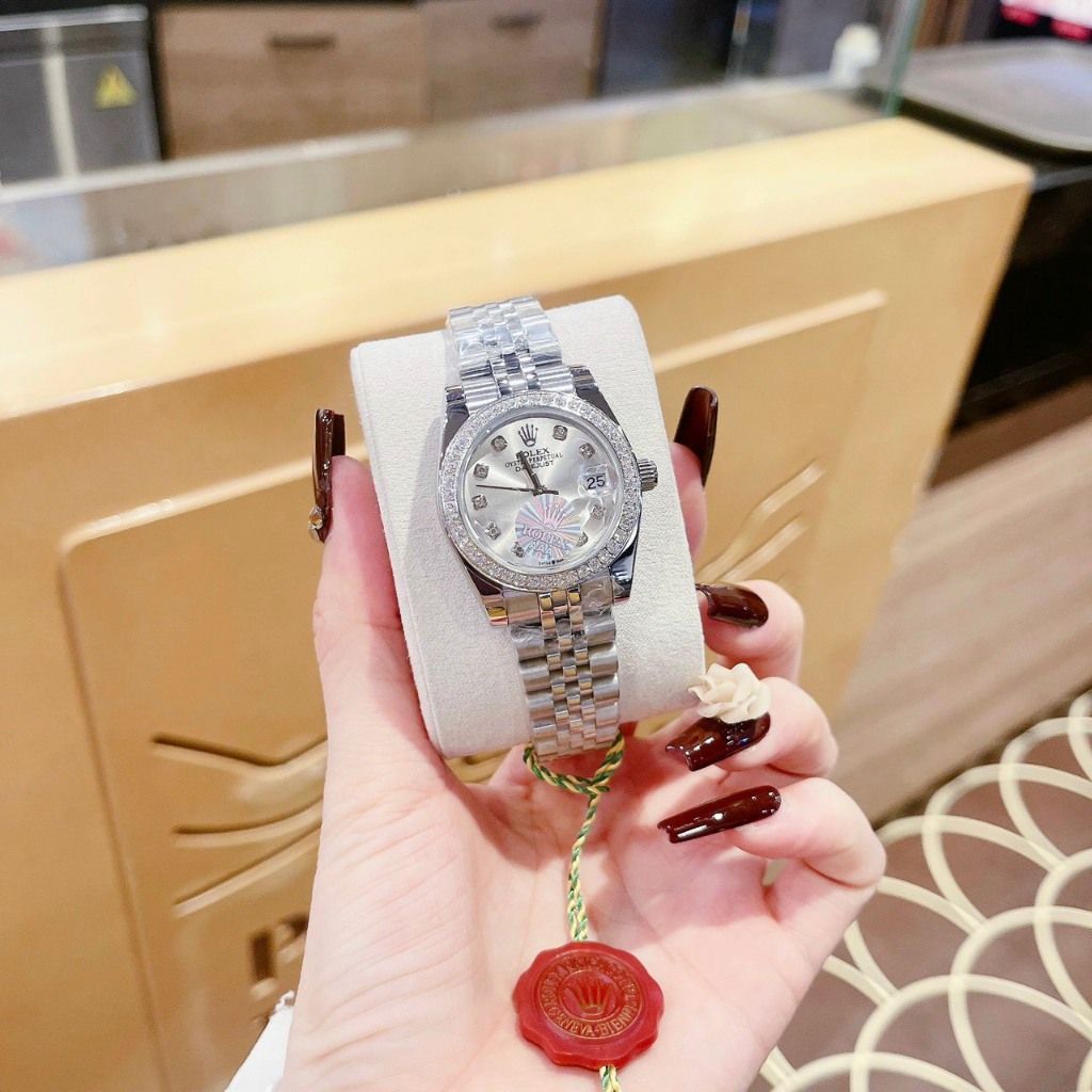 Dồng Hồ Nữ RoIex cao cấp Case 32mm mặt trắng viền đá máy pin Automatic Nhật