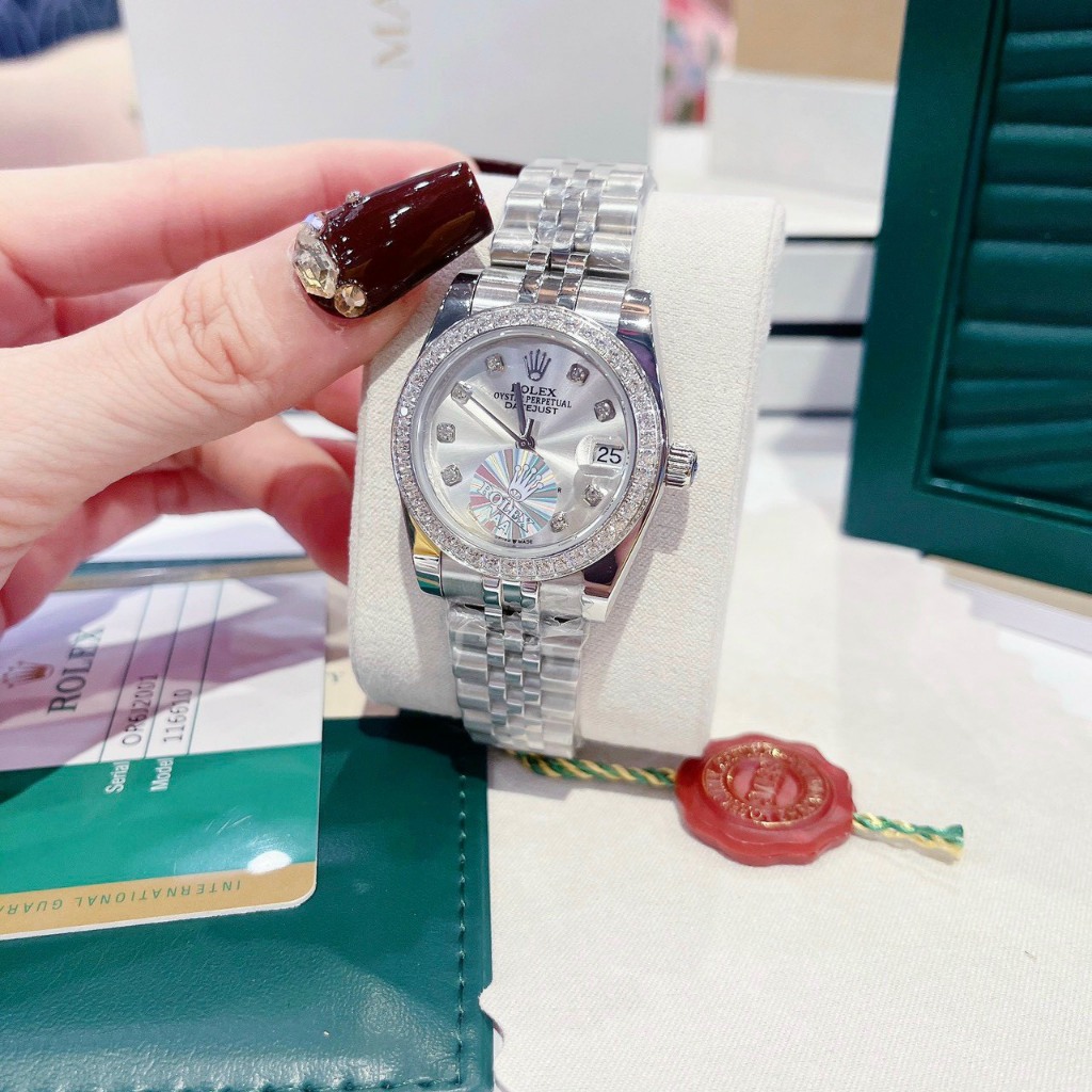 Dồng Hồ Nữ RoIex cao cấp Case 32mm mặt trắng viền đá máy pin Automatic Nhật