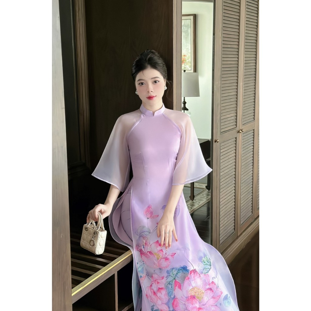 Áo dài cách tân nữ Ngọc Ánh màu tím in hoa sen đính kết phối tay voan chất tơ organza cao cấp - NA12