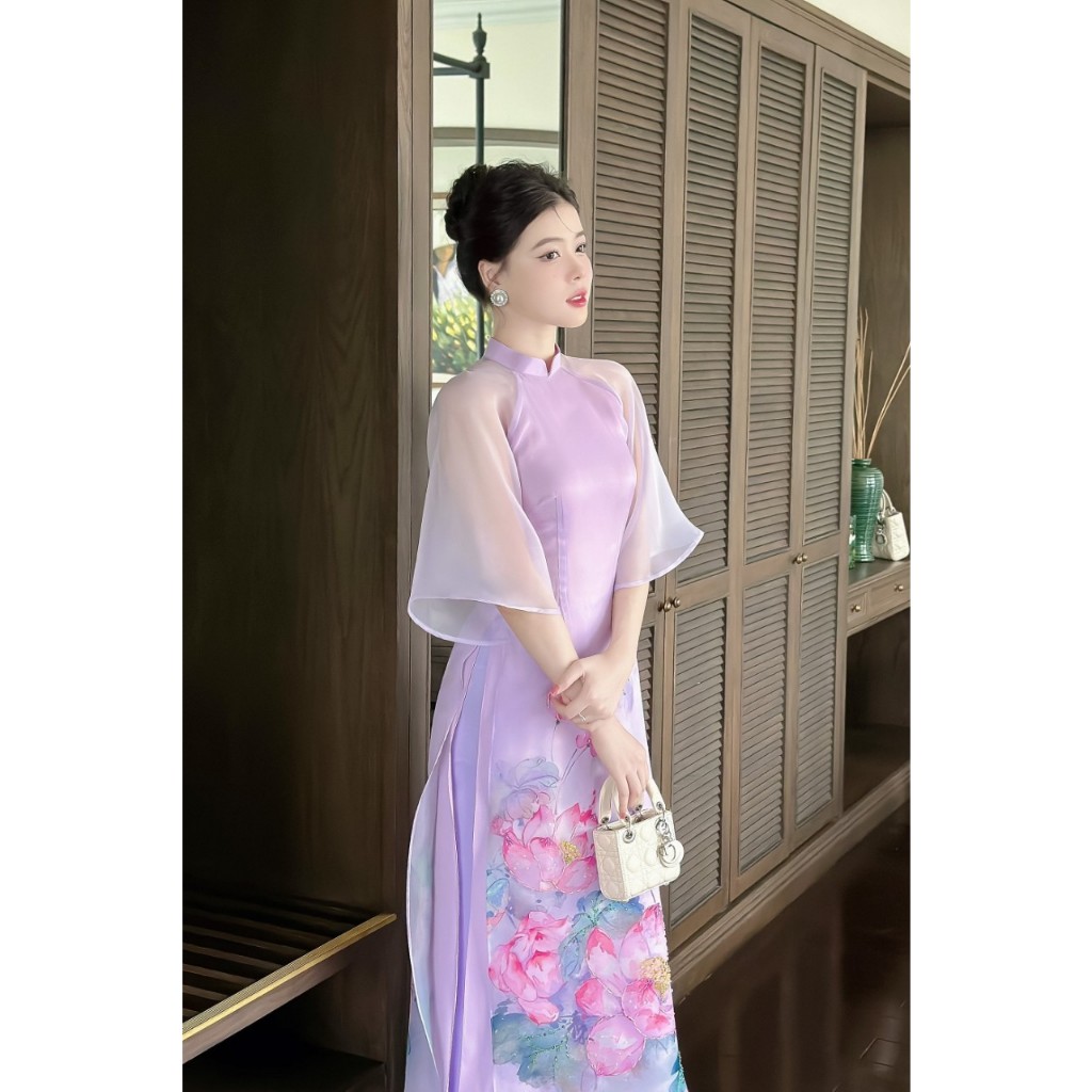 Áo dài cách tân nữ Ngọc Ánh màu tím in hoa sen đính kết phối tay voan chất tơ organza cao cấp - NA12