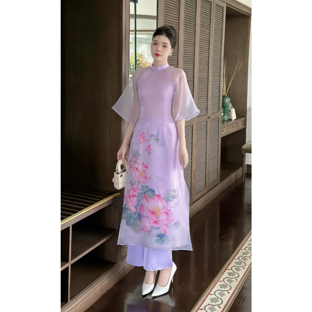 Áo dài cách tân nữ Ngọc Ánh màu tím in hoa sen đính kết phối tay voan chất tơ organza cao cấp - NA12