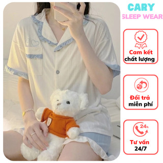 Set đồ bộ pyjama áo cộc quần đùi chất mát đồ bộ ngủ nữ mặc nhà tiểu thư chất liệu xốp gân CARY - XBCĐ