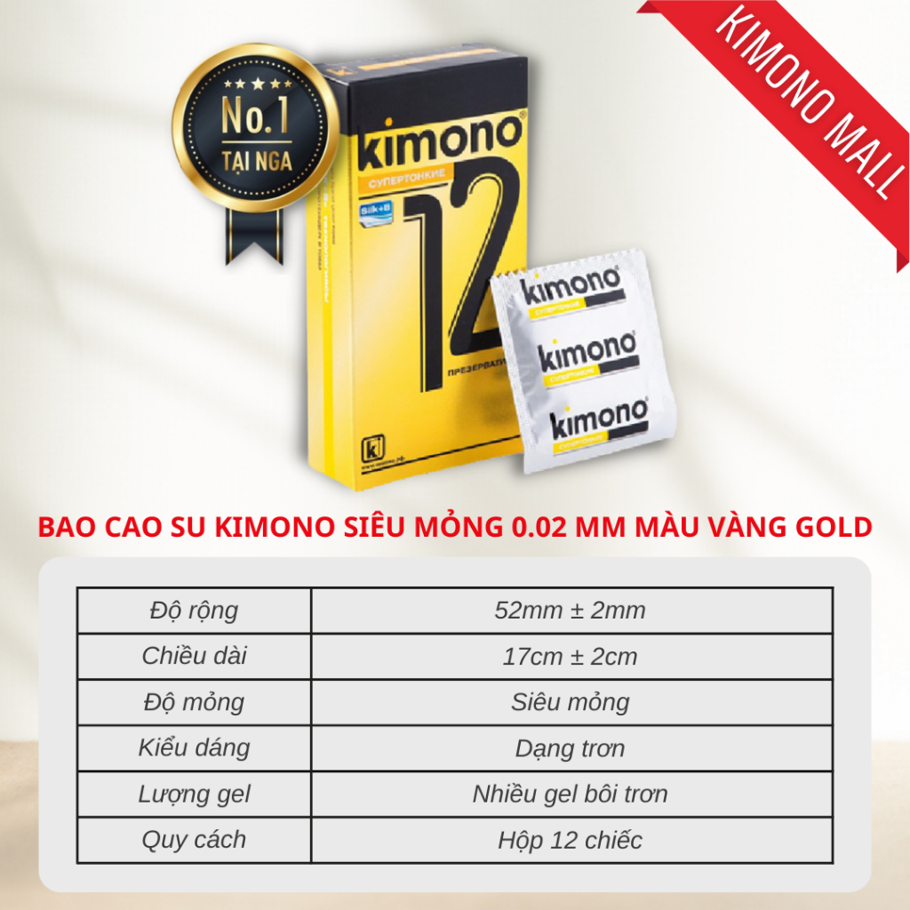 Bao cao su Kimono siêu mỏng 0.02 mm màu vàng Gold chứa vitamin B cấp ẩm bôi trơn  - Hộp 3&12 BCS