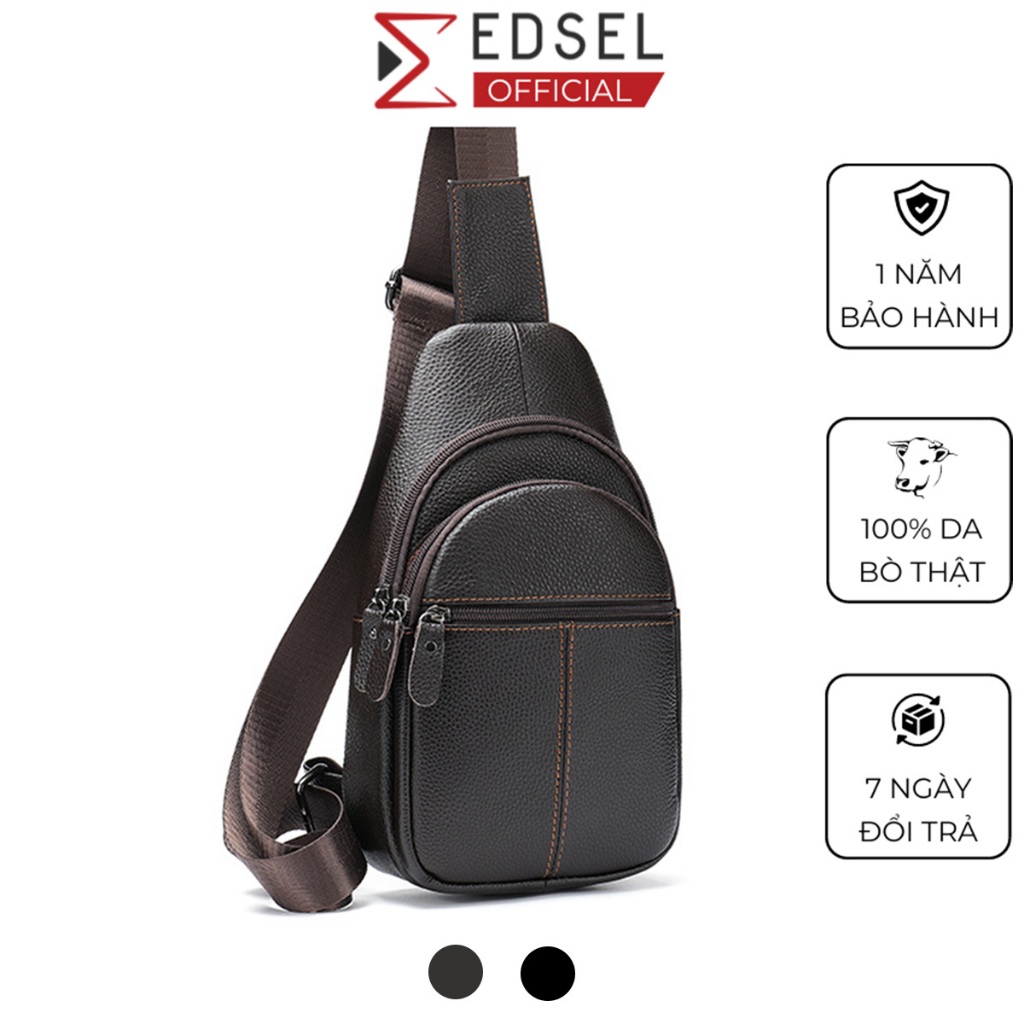 Túi đeo chéo nam chính hãng Edsel da bò thật cao cấp đeo vai, bụng, ngực nhiều ngăn đựng ipad, điện thoại màu nâu, đen