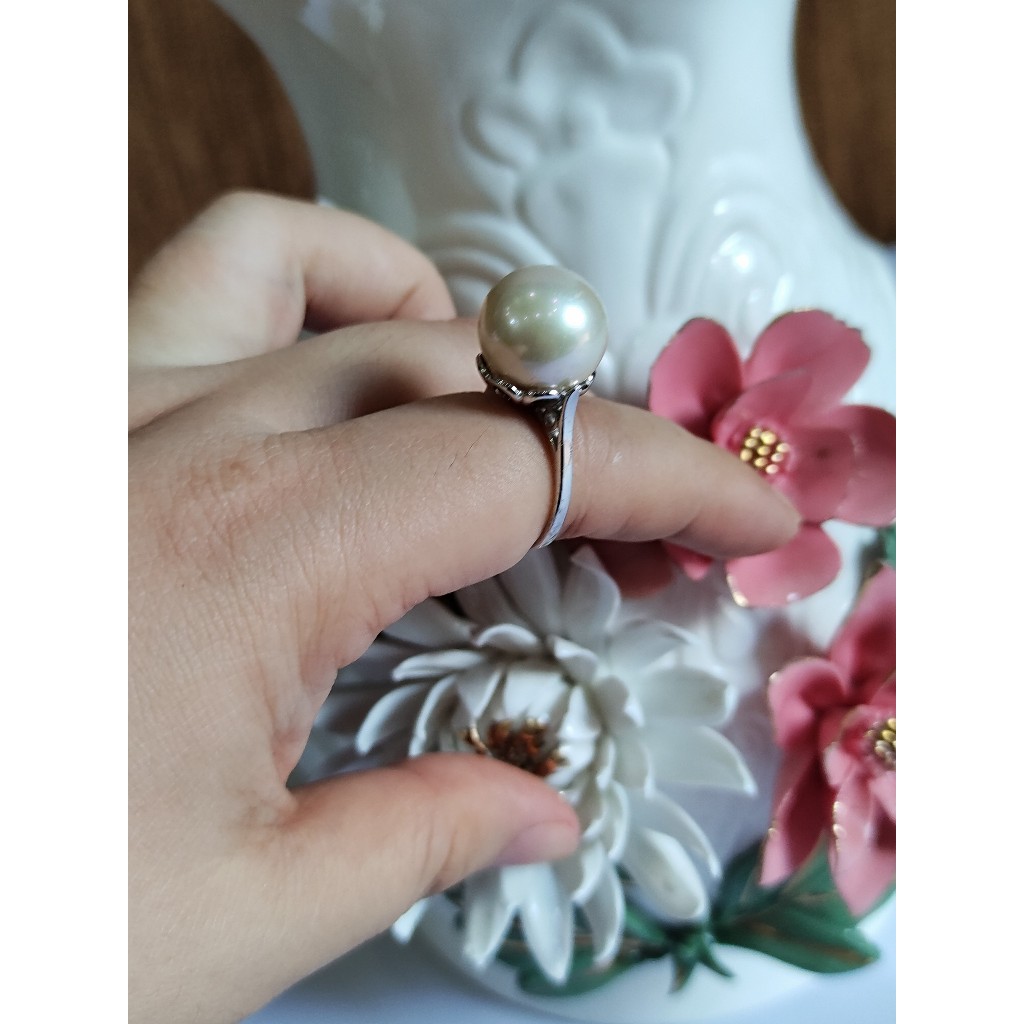 Nhẫn bạc 925 viên trai đá 14 li ni tay 17 mm hàng trong kiện đấu Nhật