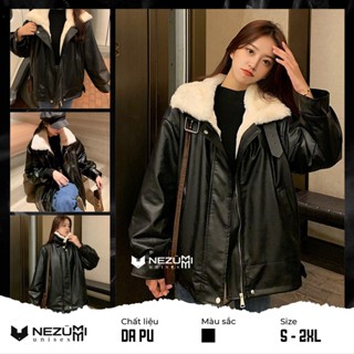 (Sẵn S M L_Ảnh thật) Áo khoác da cổ đứng lót lông xù trắng có đai cổ siêu dày ấm áp unisex nam nữ