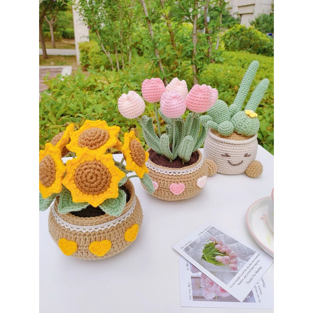 DIY Gói Nguyên Liệu Móc  Các Chậu Hoa Len  - Quà Tặng Handmade Tự Làm Decor