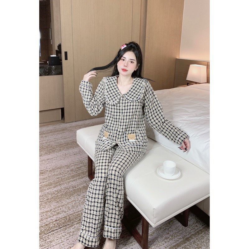 Sét bộ pyjama  Kẻ nhung caro sen gấu túi tay dài quần dài siêu hot