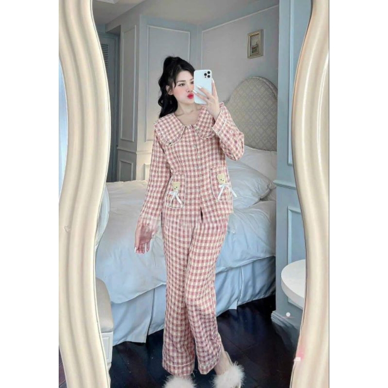 Sét bộ pyjama  Kẻ nhung caro sen gấu túi tay dài quần dài siêu hot