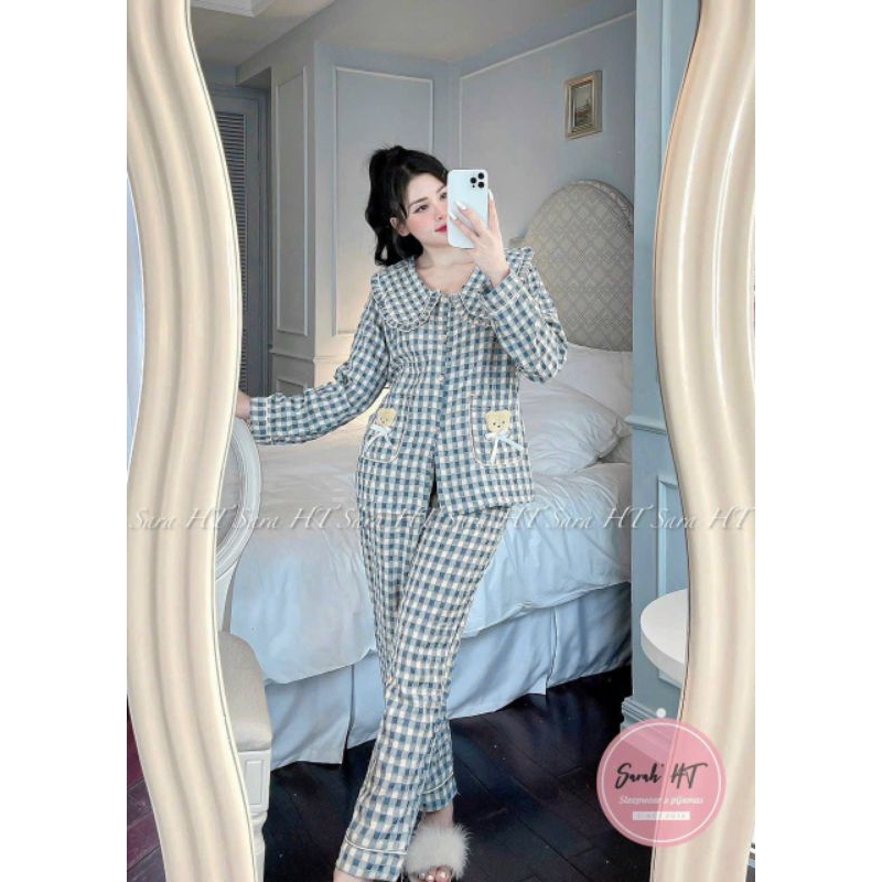 Sét bộ pyjama  Kẻ nhung caro sen gấu túi tay dài quần dài siêu hot