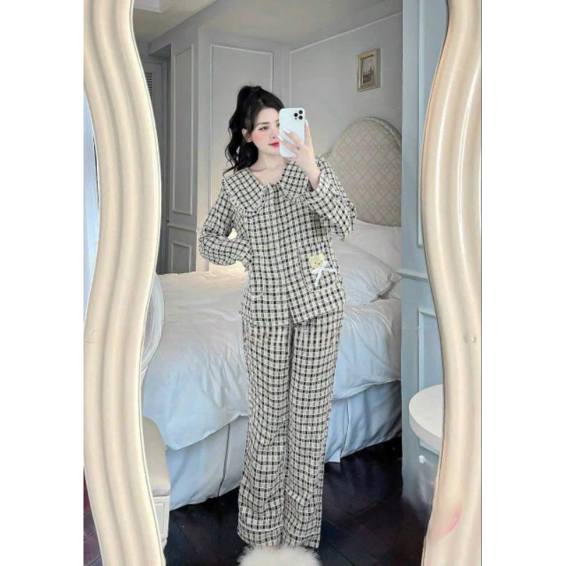 Sét bộ pyjama  Kẻ nhung caro sen gấu túi tay dài quần dài siêu hot