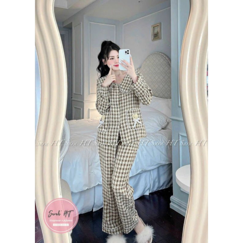Sét bộ pyjama  Kẻ nhung caro sen gấu túi tay dài quần dài siêu hot