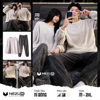  Sẵn xám kem  Bộ ngủ nỉ bông đen trơn đôi nam nữ áo sweater + quần jogger pijama siêu dày ấm thể thao unisex 