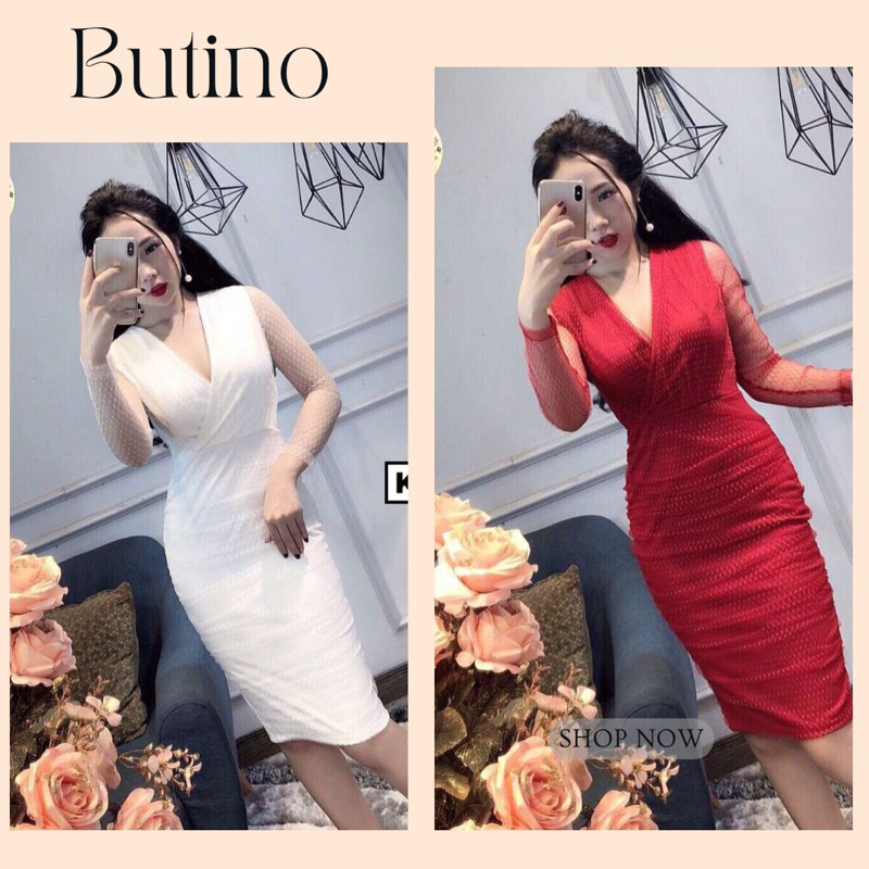Đầm body Trắng K2- Váy body Trắng K2 thiết kế phối ren dài tay - BUTINO SHOP