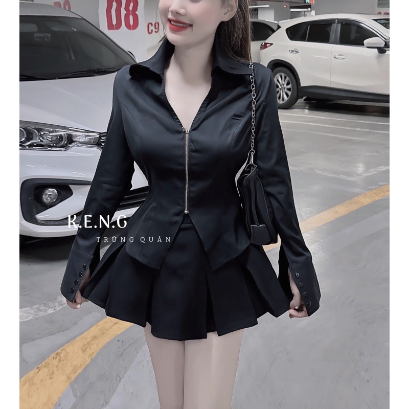 Set áo sơmi khoá đồng + chân váy xoè xếp ly
