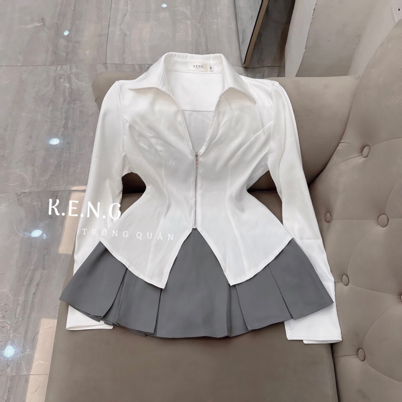 Set áo sơmi khoá đồng + chân váy xoè xếp ly