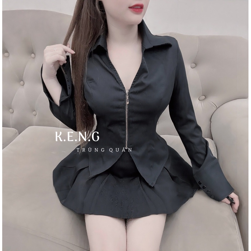 Set áo sơmi khoá đồng + chân váy xoè xếp ly