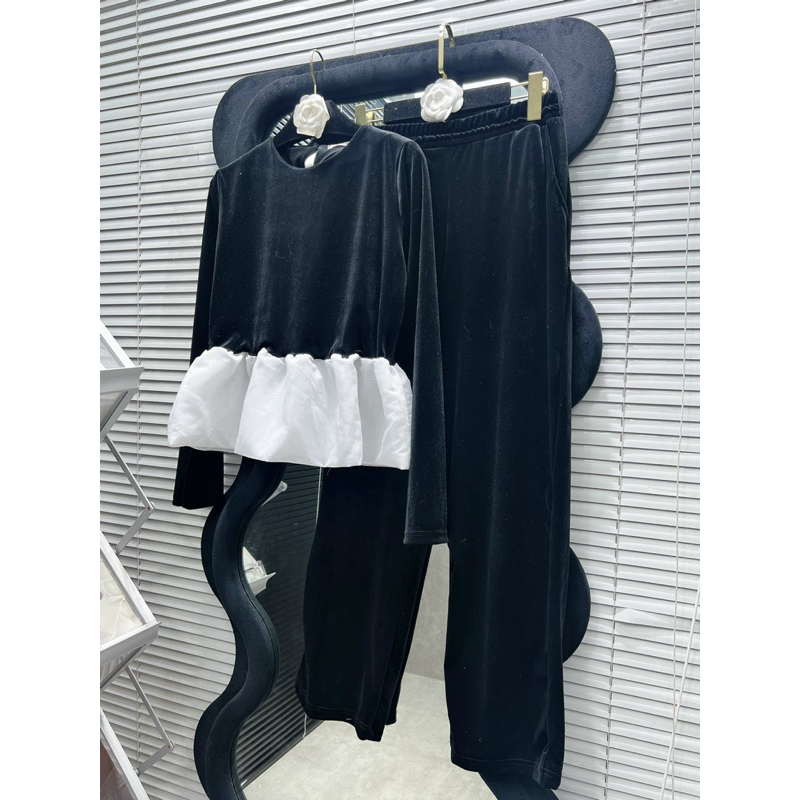 Sét bộ nhung dài tay trơn pha bèo babydoll mix Quần Xuông