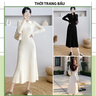 [V508] VÁY ĐẦM LEN THỜI TRANG THU ĐÔNG ĐÍNH NGỌC CỔ SƠ MI SANG CHẢNH-ĐẦM BẦU LEN QUẢNG CHÂU FRESIZE DỄ MẶC