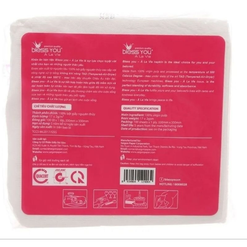 KHĂN GIẤY 100 TỜ BLESS YOU - 33 x 33 cm.
