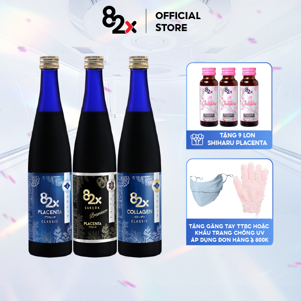 MỸ NHÂN KHÔNG TUỔI Combo 3 Chai 82X: PLACENTA + COLLAGEN + SAKURA COLLAGEN Nước Uống Đẹp Da Đến Từ Nhật Bản 500ml/Chai