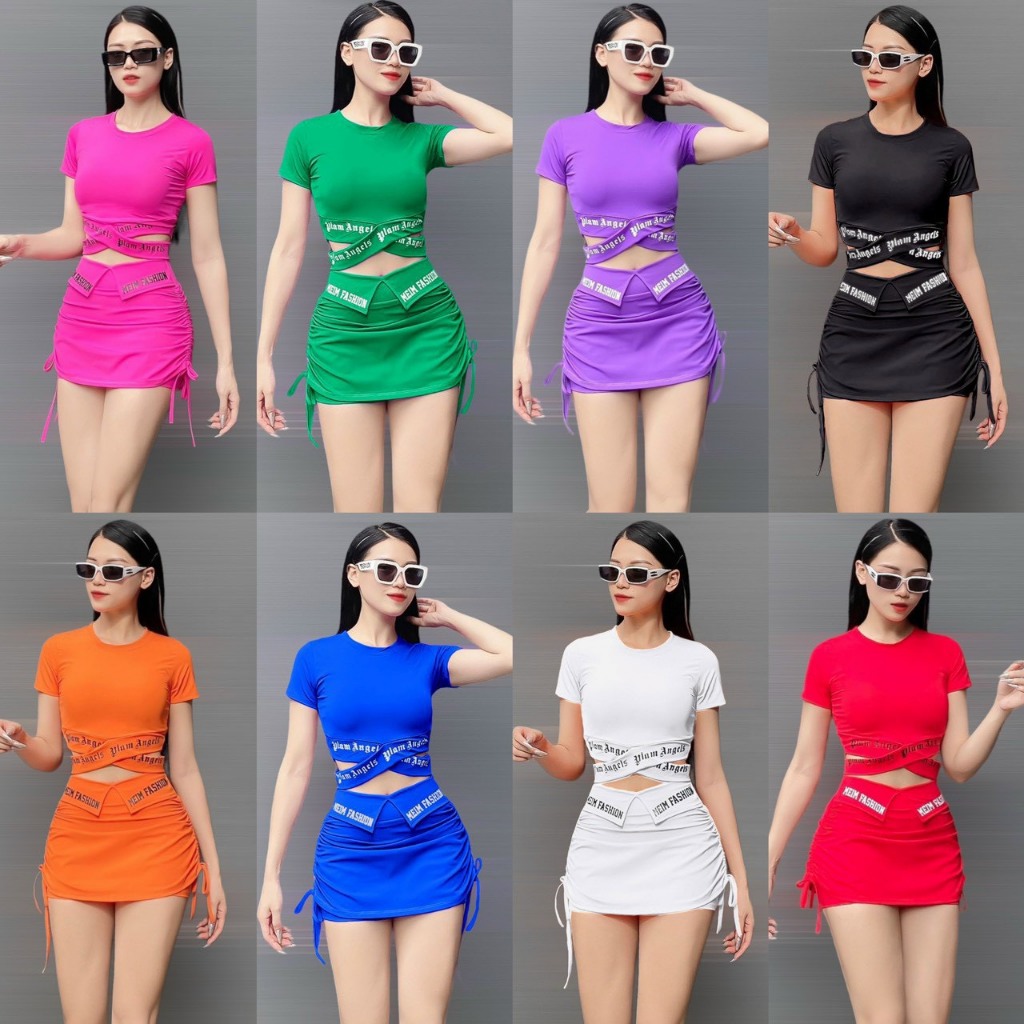 Bộ áo croptop nice chéo, chân váy rút fashion mặc đi tập, đi chơi, đi nhảy, earobic, đồng phục nhóm nữ